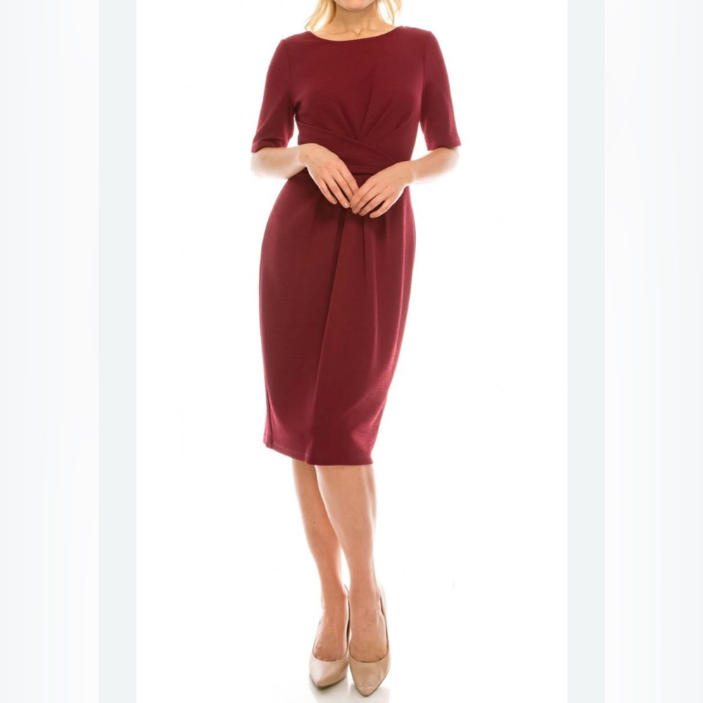 Adrianna Papell | Jewel Neck Scuba Crepe Sheath Wine Color Midi Dress